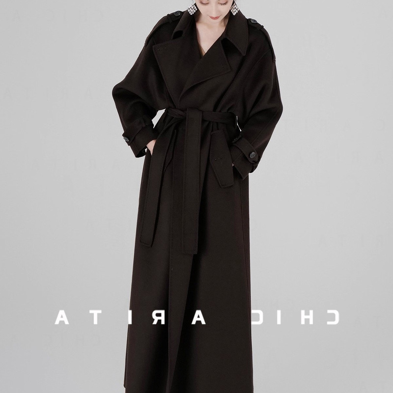 Double-faced wool coat, 20% cashmere, 80% fine wool, double-breasted, long, ankle-length, double-faced cashmere coat, women's wool coat