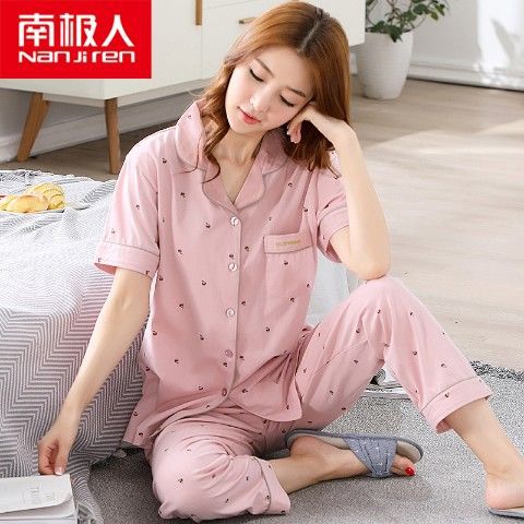 100% pijamas pantalones de algodón de manga corta de verano para mujer cardigan más el tamaño de algodón suelto ropa de casa de dos piezas