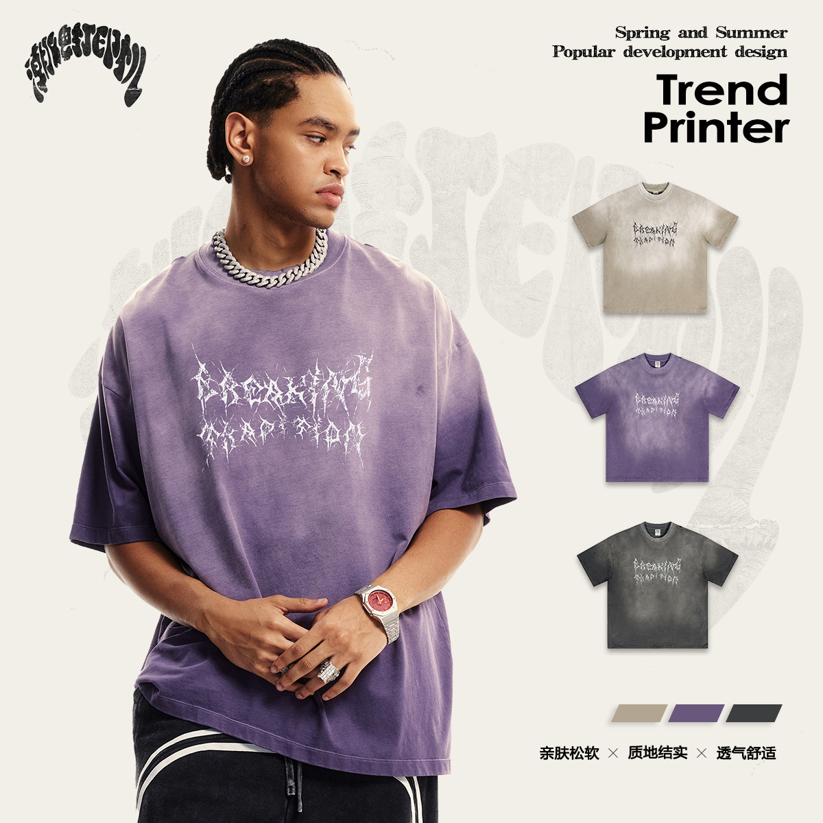 2025 primavera y verano estilo americano de la calle alta marca de moda rrr123 moda camiseta de manga corta tipo de vid gradiente hombre