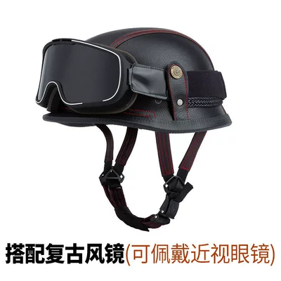 Motosiklet kaskı (dəbilqə) — German-Style Retro Safety Helmet Half Helmet - black-and-red-thread-matching-retro-style-glasses-m