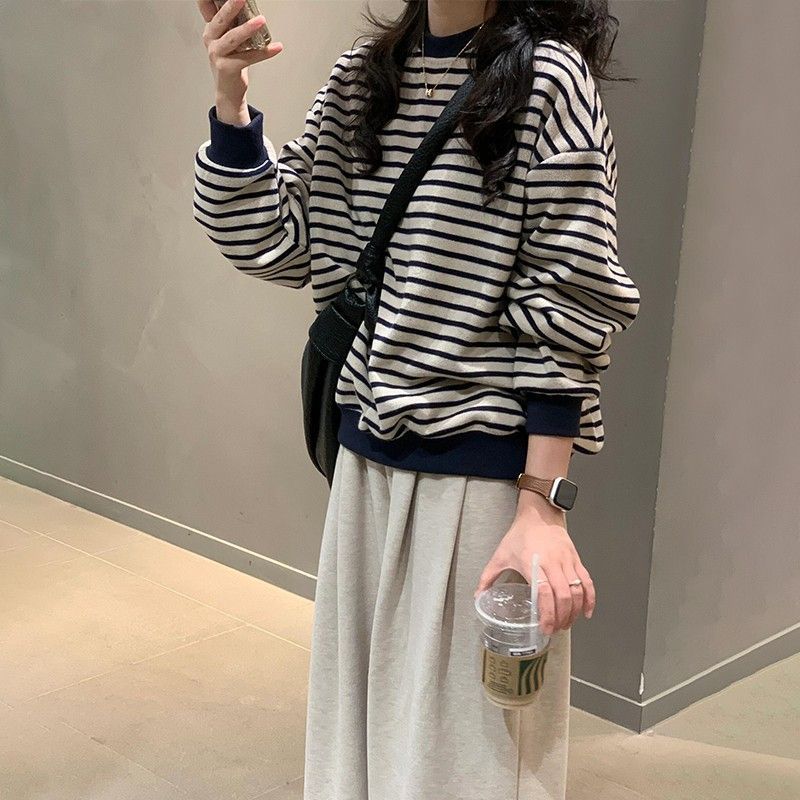 工厂批发韩系早秋新款红色条纹卫衣女慵懒高级感宽松休闲长袖上衣|undefined