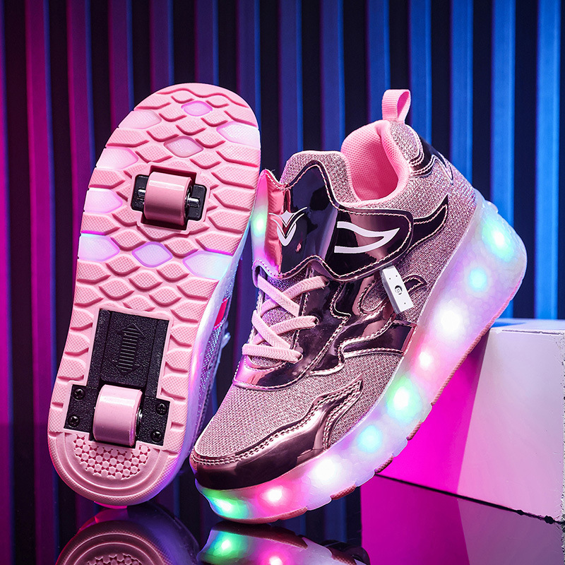 Factory Direct Sale Children's Light-Up Roller Shoes with Double Wheels, Invisible Student Roller Skates with Wheels for Walking, Suitable for Girls