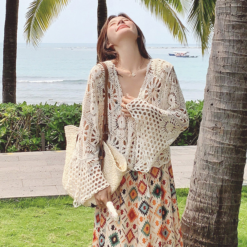 2026 Summer Bohemian Style Knitted Hollow Lace Shirt Women's Crochet Loose Short Flared Sleeve Cardigan Top