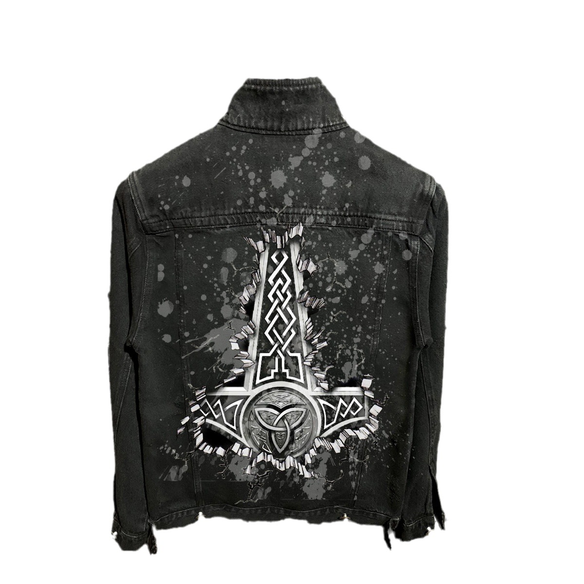 Viking Warrior Print Spray Denim Coat Flip Collar Single breasted Casual Men's Wear_voghion.com