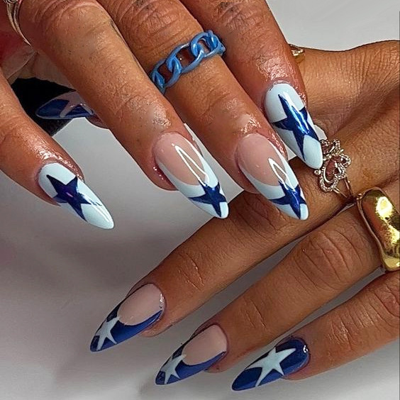 Cross-border foreign trade nail wear nail piece Blue Star almond nail fake nail patch removable reuse Cross-border foreign trade nail wear nail piece Blue Star almond nail fake nail patch removable reuse