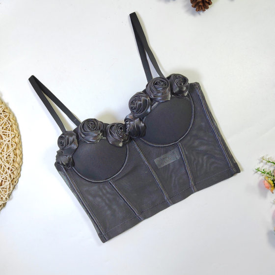 French design handmade rose flower tube top outer wear mesh beauty back underwear integrated fixed Cup Fishbone sling