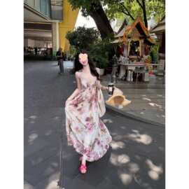 花漾花海 领绑带露背吊带连衣裙女春夏蕾丝修饰裙扎染