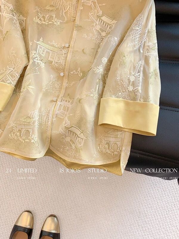 黄色新中国風刺繍シャツ女装2025春新国風禅意七分袖きれいなシャツ|undefined