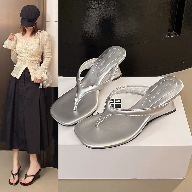 仙女趾外穿法式夹脚人字拖凉拖夏季鞋夹增高简约坡跟凉鞋鞋子新款