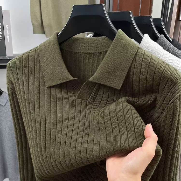 100%棉老钱风剪刀翻领长袖针织衫男士秋冬季条纹海鸥领打底衫毛衣