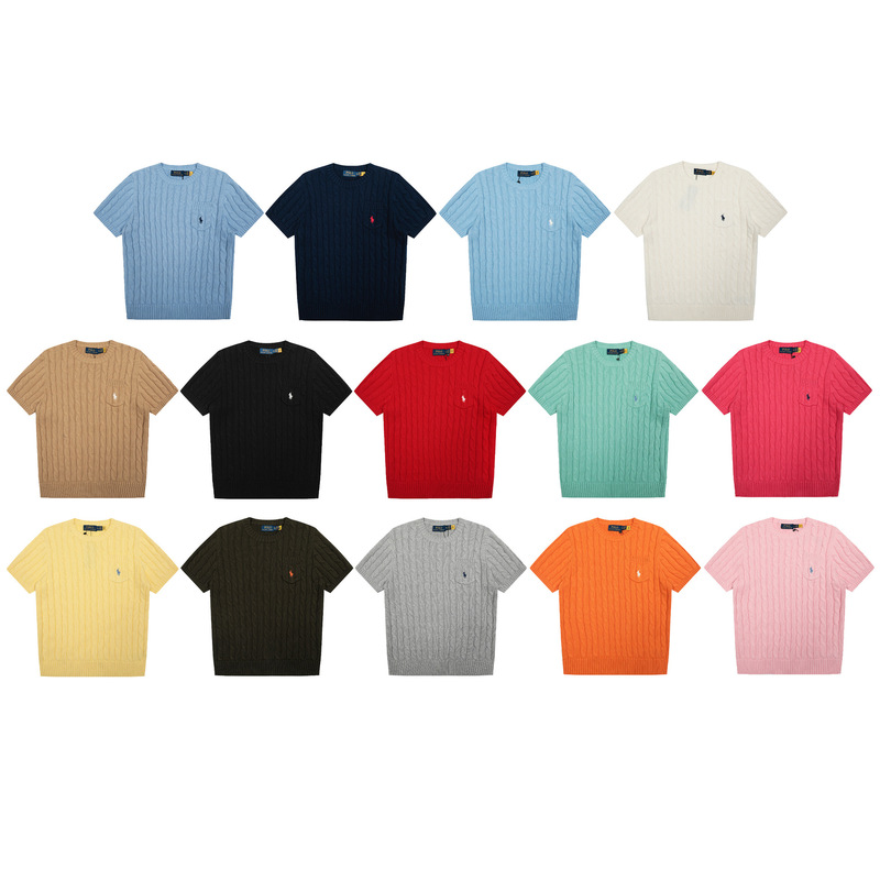 Foreign trade Korean cross-border RalphLanins knitted cable-knit pocket pony round-neck short-sleeve T-shirt women's top