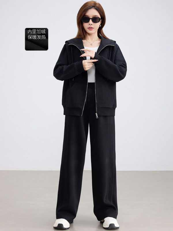 2025新款拉链连帽外套秋冬加绒两件套女装宽松显瘦轻运动休闲套装|undefined