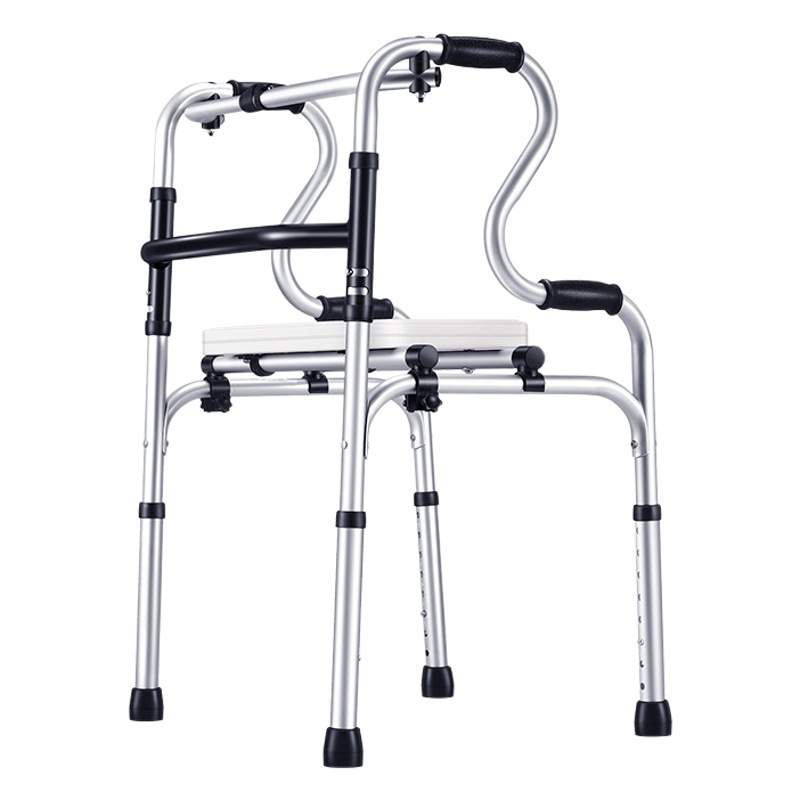 Con andador de asiento, rueda de aleación de aluminio para ancianos, engranaje de cuatro pies, asistente de paso de muleta ajustable, tablero de asiento, tablero de mesa de comedor