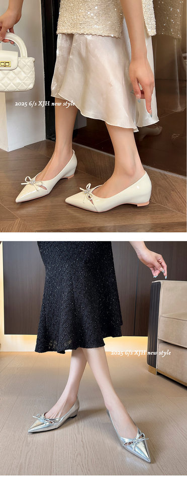 Giày búp bê nữ mũi nhọn đế bằng đính pha lê hoa nơ, độn cao bên trong — Màu bạc, Màu mơ, Màu trắng be chi tiết 12