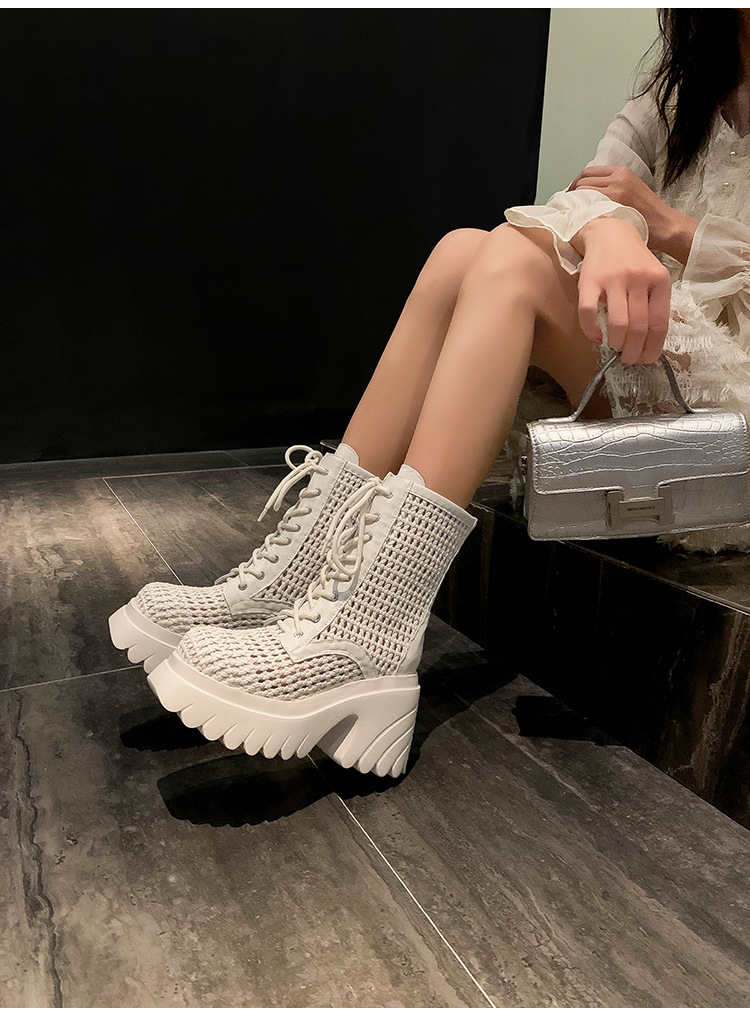 Boot nữ cổ thấp đế dày tăng chiều cao, gót thô đan thoáng khí — màu đen, màu trắng ngà, bạc chi tiết 16