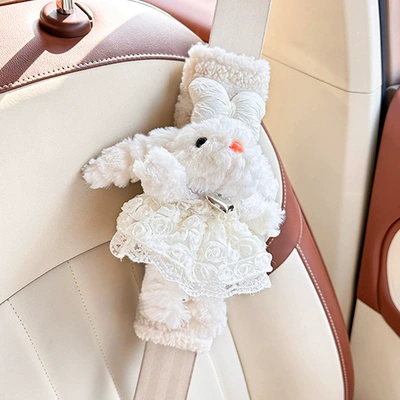 Seat belt shoulder pad Cartoon Plush Rabbit Shoulder Padel - moon-velvet-striped-shoulder-pads-beige-long-eared-rabbit
