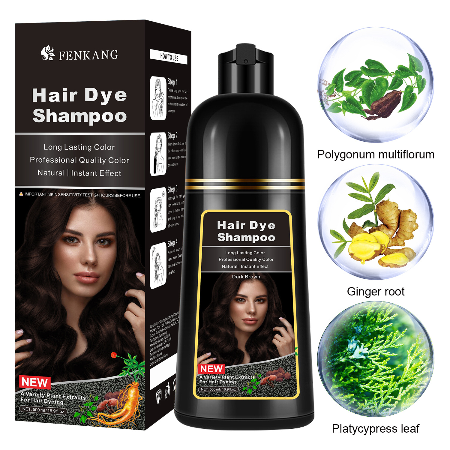 FENKANG英文跨境外贸一支黑植物染发剂遮盖白发洗黑泡泡染发膏