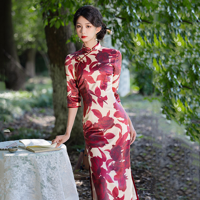 春秋裝雙層老上海長款改良旗袍2025新款年輕款女復古長袖走秀