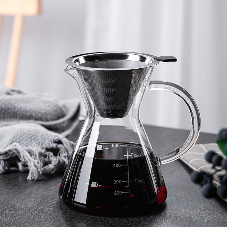 High Temperature Resistant Glass Hand Brewed Coffee Set Sharing Pot Filter Cup Integrated with Stainless Steel Filter Paper-Free Household