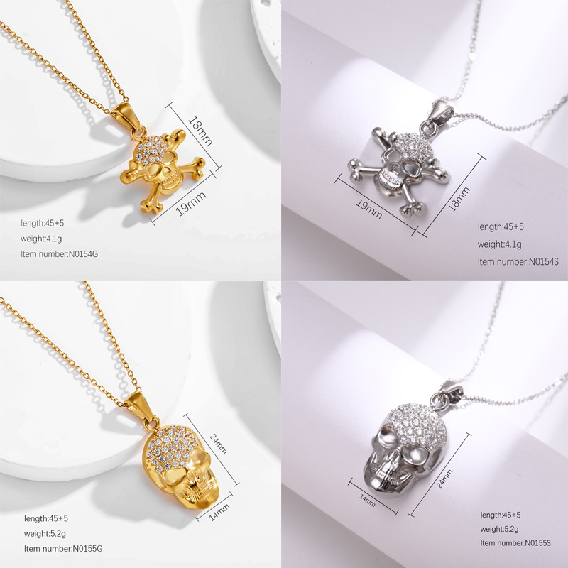 Titanium Steel Chain Material cable chain Chain Type Wholesale Jewelry Funny Cool Style Skull Titanium Steel Zircon 18K Gold Plated Inlay Pendant Necklace