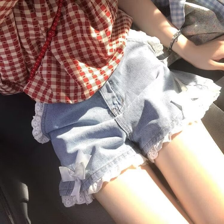 Lace Denim Shorts Summer Japanese Style Cute Bow High Waist Versatile Wide Leg Pants Hot Pants Student Girl Cute