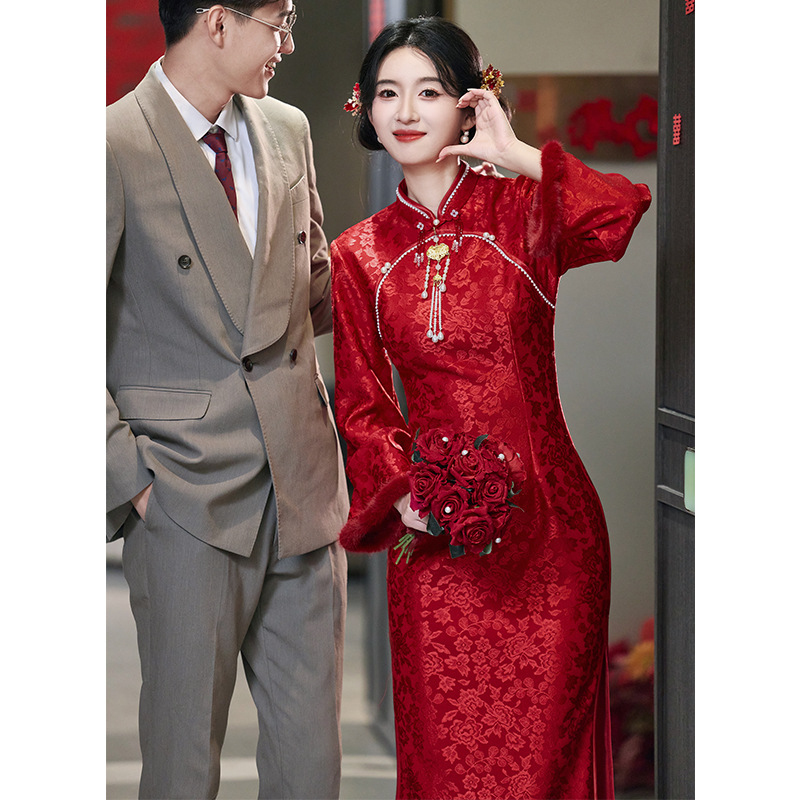 Improved Toast Bride Red Young Cheongsam Autumn and Winter New Long Long-Sleeved Thickeneded Chinese Wedding Engagement Dress