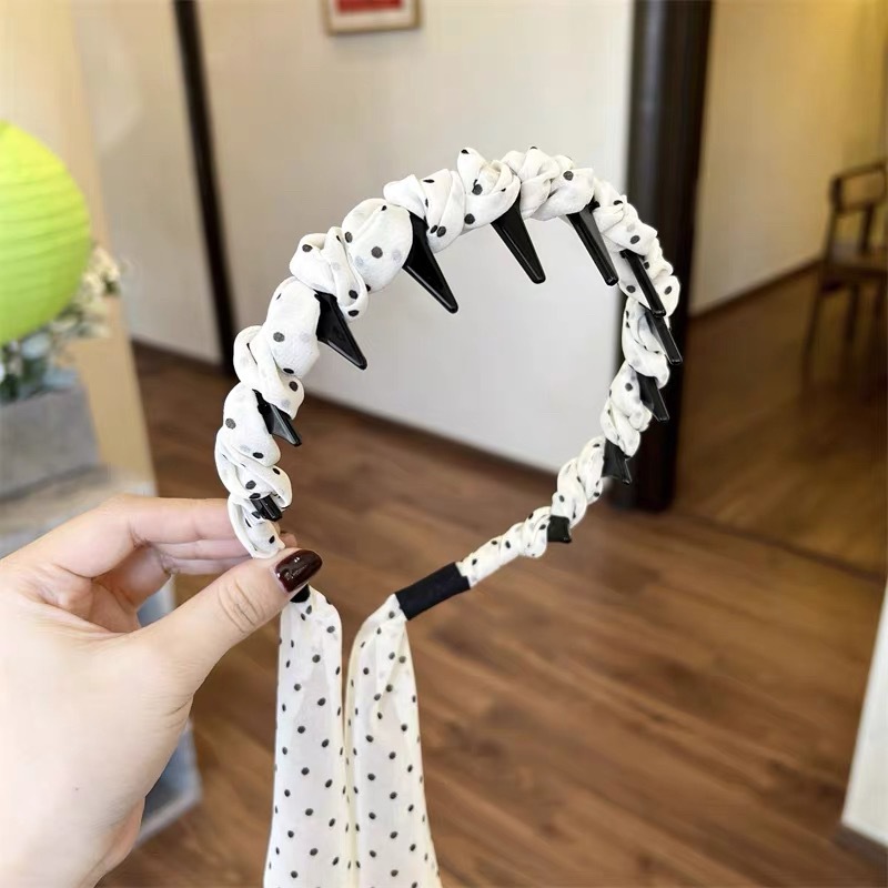 #171 black polka dot ribbon wavy headband