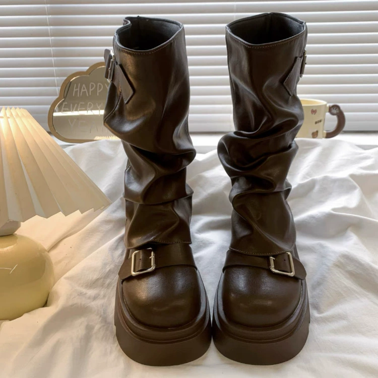Ботинки Martens демисезонные средней длины ретро, коричневые/чёрные, размеры 35–40, пряжка