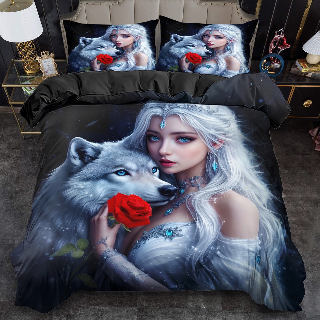 TEMU / JIT transfronterizo impresión digital abrasión edredón kit tridimensional animal lobo blanco estilo textil para el hogar dibujo puede hacer