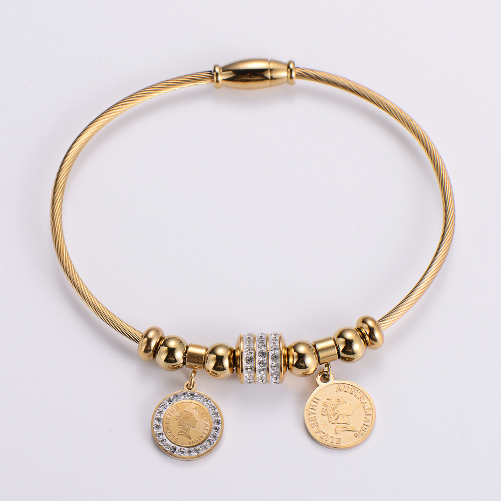 Womenu0027S Fashion Round Coin Titanium Steel Rhinestone Bangle Diamond Stainless Steel Bracelets