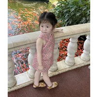Новое платье Cheongsam для девочек в китайском стиле, летнее детское клетчатое платье без рукавов с цветочным принтом, стильное детское платье.