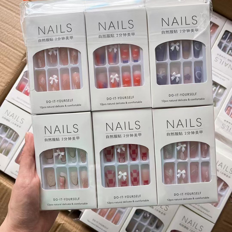 Long nail stickers new adult waterproof nail patch children student diamond three-dimensional wear nail detachable