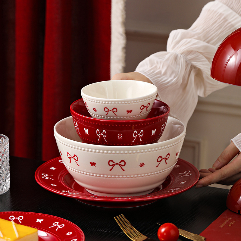 Bow Tie Bowl and Dish Set, High-Value Plates, Red Housewarming Tableware, Bowls and Plates, Household Ceramic Rice Bowls