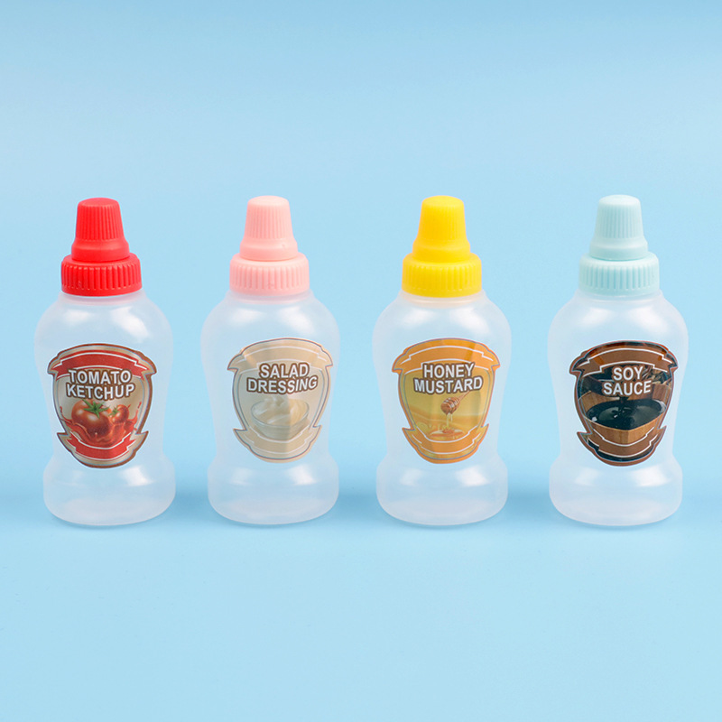 8개의 스퀴즈 병, 회색, 빨간색, 노란색, 녹색 4개 혼합