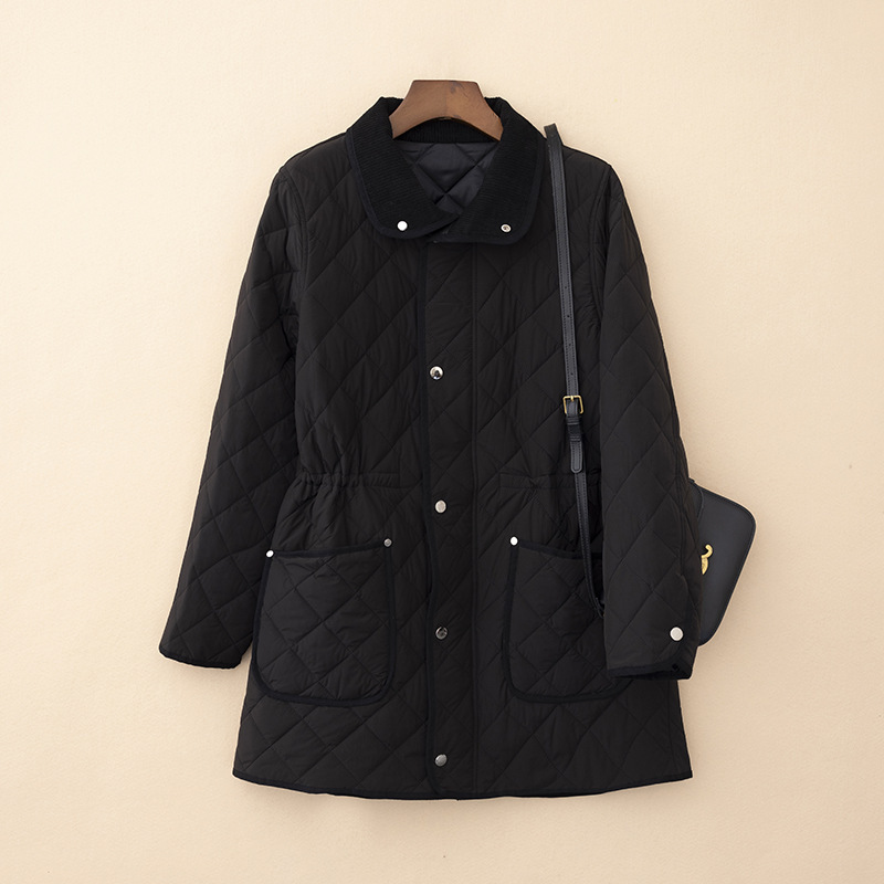 Autumn and winter new women's small lapel rhombus drawstring waist warm pocket cotton-padded jacket long coat quilted cotton