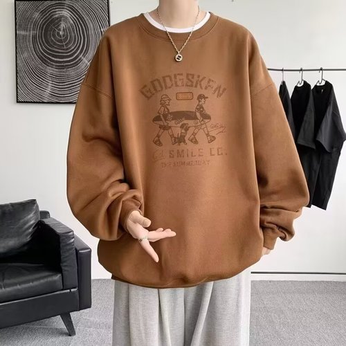 2024 American Retro Round Neck Sweatshirt Student Trend Brand Sweatshirt Casual No Hat Fleece Sweatshirt Jacket for Men Trend