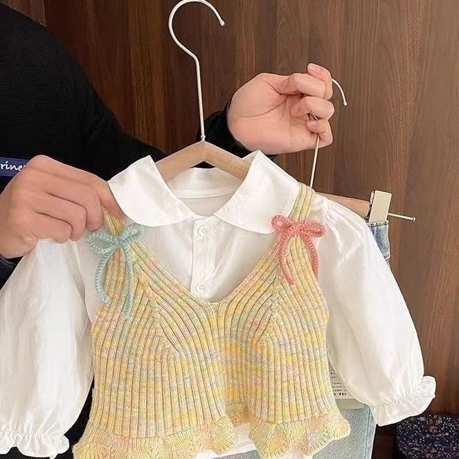 女童春秋套装2025春装新款儿童洋气宝宝针织马甲衬衫牛仔裤三件套|undefined