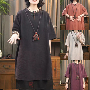 Cotton Linen Collar Mid-length 2024 Summer New Style Mother's Simple Style Artistic Retro Short-sleeved Top Women's Loose