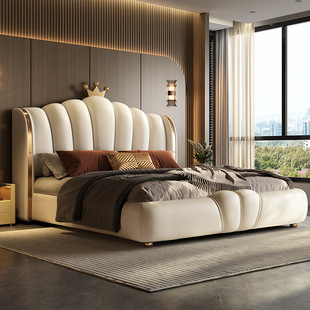 New Fashion Leather Bed Modern Light Luxury High-end Master Bedroom Big Bed Soft Bag Crown Double Bed New Style Cream Style Wedding Bed