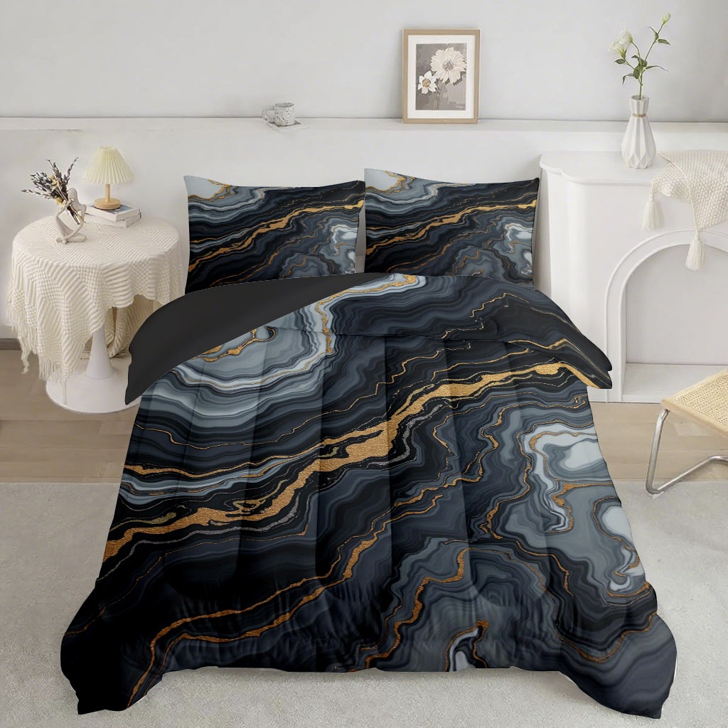 TEMU / JIT transfronterizo textil doméstico negro oro movimiento arena impresión digital 3D 180gms colcha colcha almohada set fuente fabricante