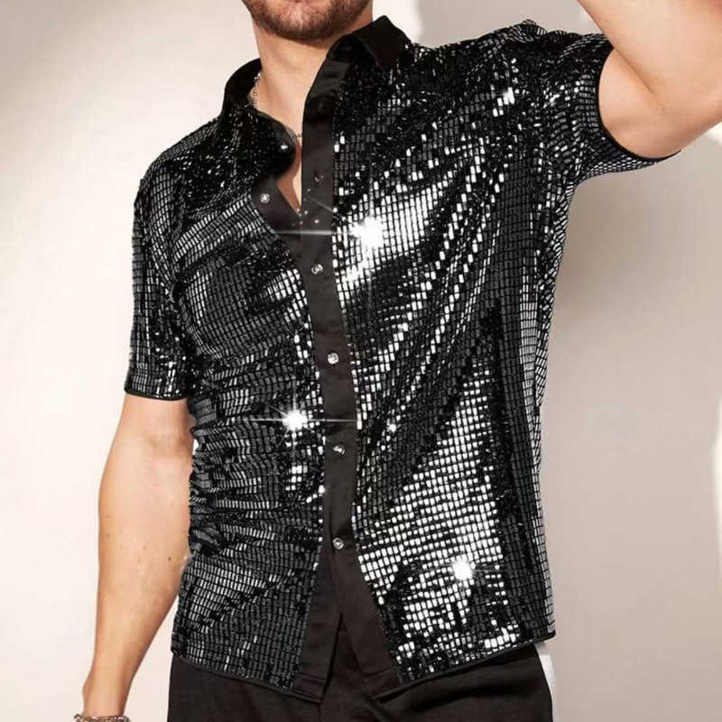 2025 Spot New Style Personalized Trendy Breathable Sequined Short-Sleeved Shirt Amazon Best-Selling Square Collar Color Matching Men's Clothing