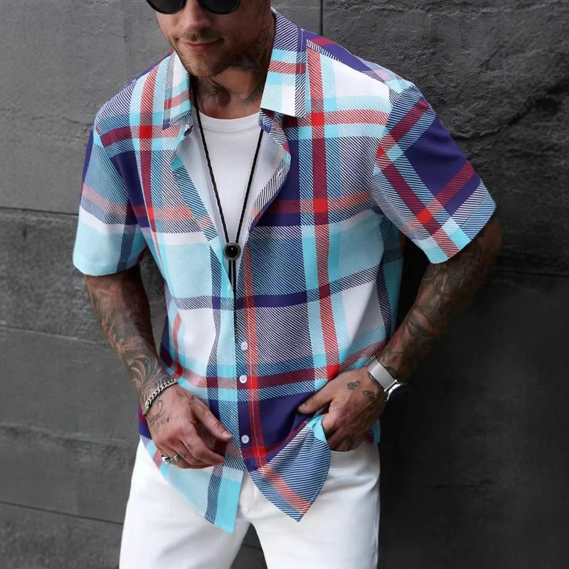 Casual Men's Clothing Navy Green Red Plaid Men's Short-sleeved Shirt Men's Shirt Summer 2025 New Cross-border Exclusive