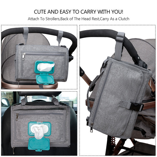 Portable baby changing pad supplies for outdoor travel folding diapers include shoulder straps and wipes pocket design