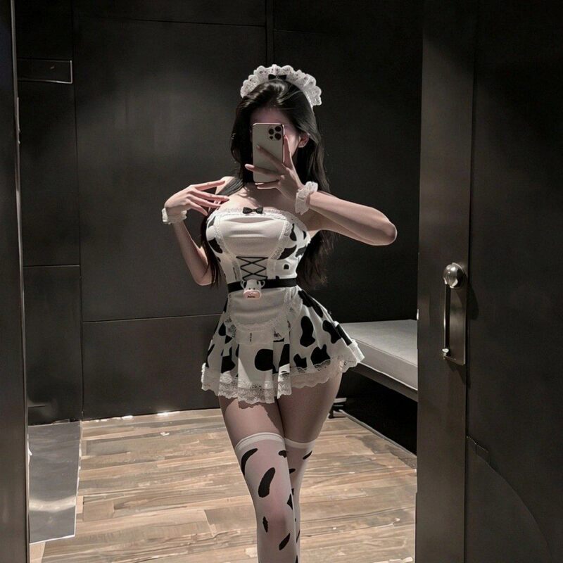 Tounail plus-size lingerie, sexy bustier, black and white cow print set, cute maid outfit, maid uniform, nightgown