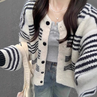 新款韩系春秋慵懒外搭针织开衫女宽松小香风黑白毛衣外套条纹