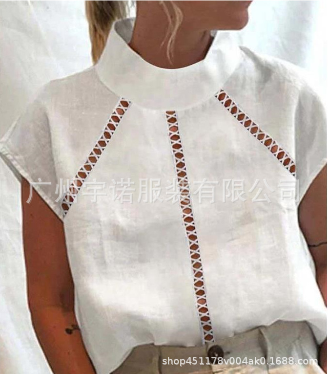 2022 Amazon europeo y americano nuevo deseo popular moda diseño hueco algodón y lino encaje manga corta Camisa de las mujeres