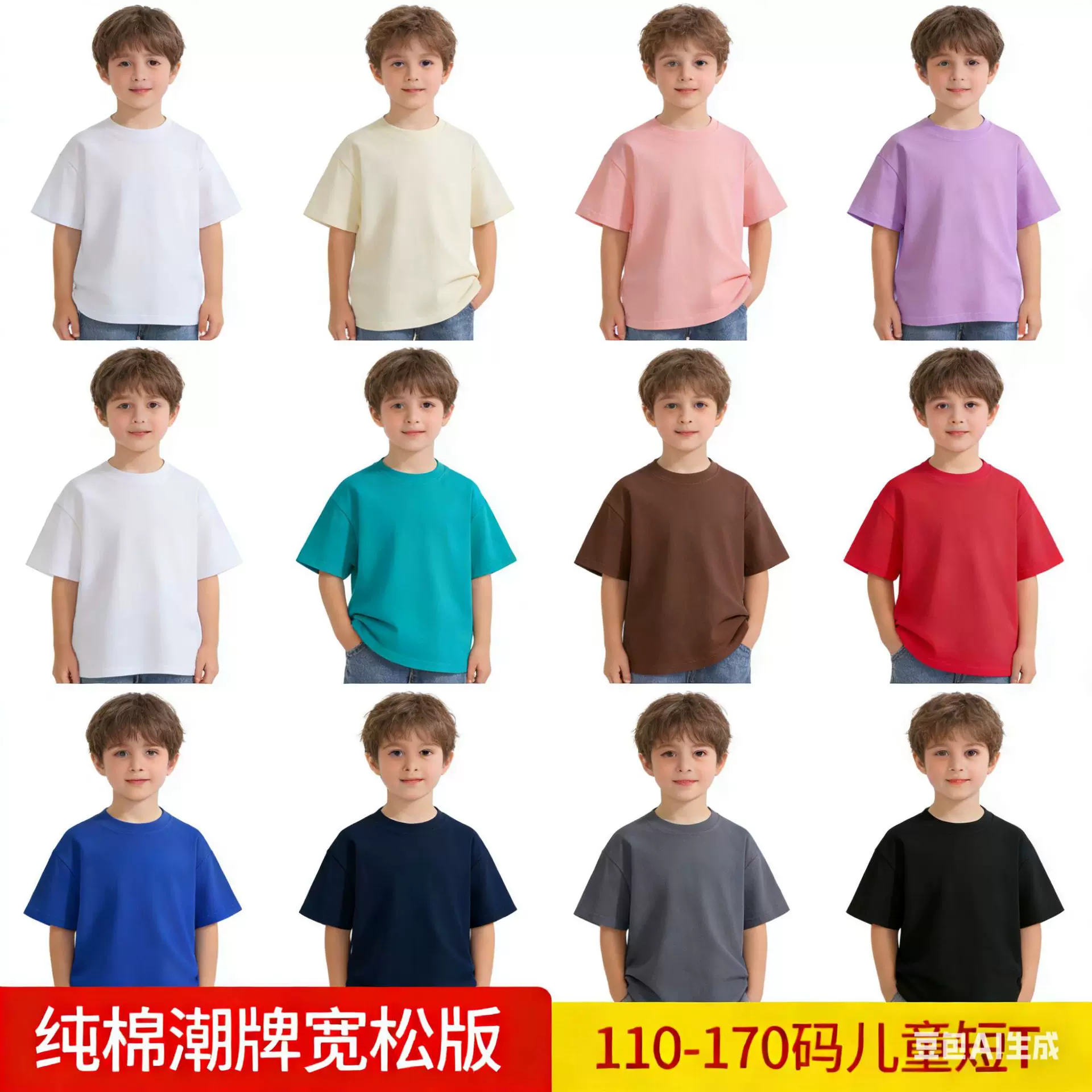 现货210克纯棉重磅儿童落肩短袖简约纯色宽松幼儿园班服男女童T恤