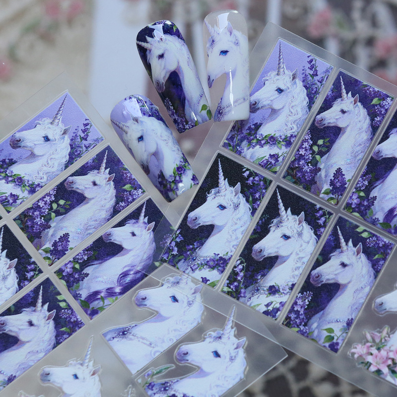 Original Fantasy Unicorn Purple Floral White Horse Ultra-Thin Flexible Nail Art Full Sticker DIY Retro Square Style Sticker Original Fantasy Unicorn Purple Floral White Horse Ultra-Thin Flexible Nail Art Full Sticker DIY Retro Square Style Sticker