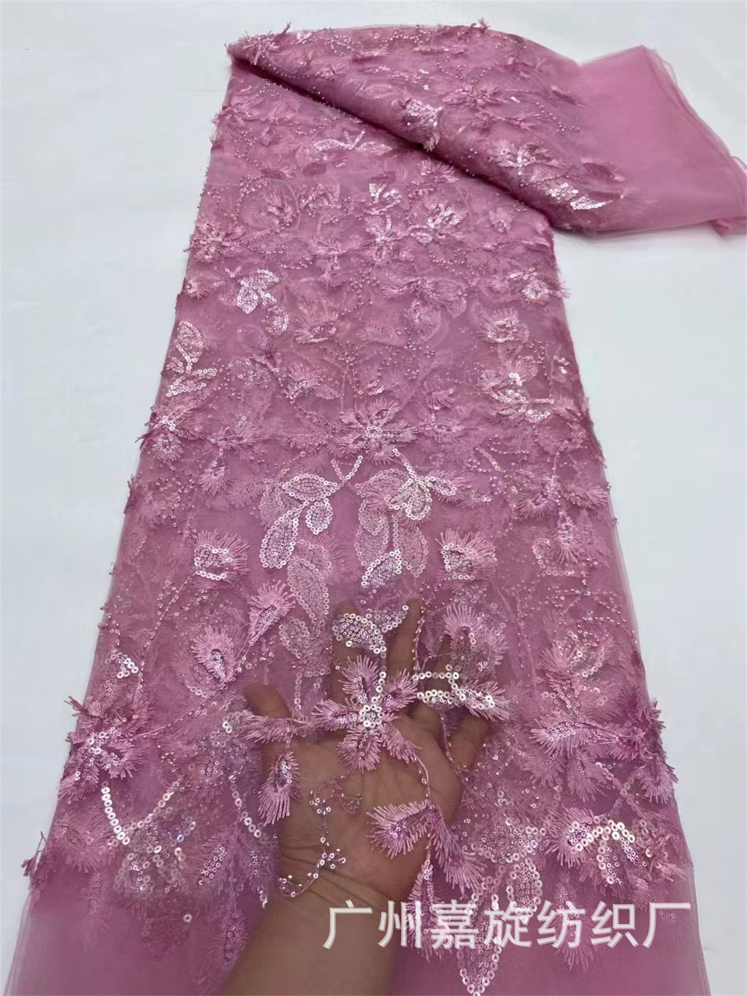 Retro hermosa flor flotante bordado con cuentas de tela de encaje vestido de flor llena vestido de tela de Bordado de hilo ligero JX4000