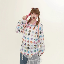 满印彩色星星印花圆领长袖T恤女装中长款秋季薄露肩防晒罩衫跨境